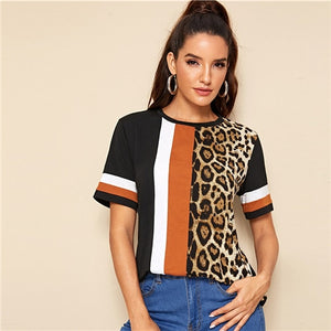 SHEIN Color Block Cut-and-Sew Leopard Panel Top Short Sleeve O-Neck Casual T Shirt Women 2019 Summer Leisure Ladies Tshirt Tops