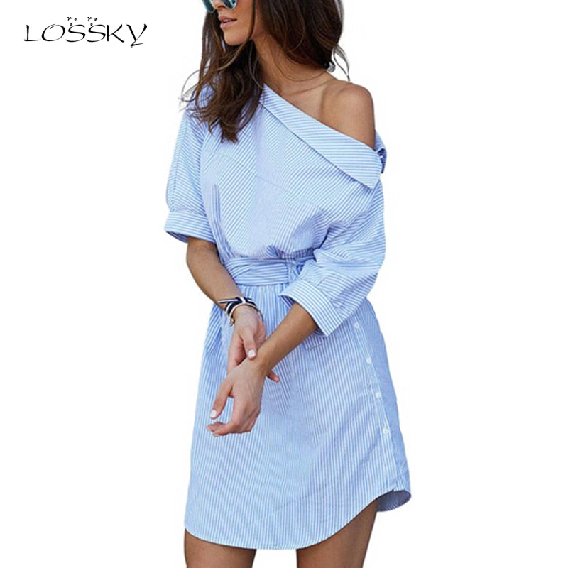 Summer Women Dress Blue Striped Shirt Short Dress Mini Sexy Side Split Half Sleeve Beach Dresses 2019 Plus Size Sundress 3XL