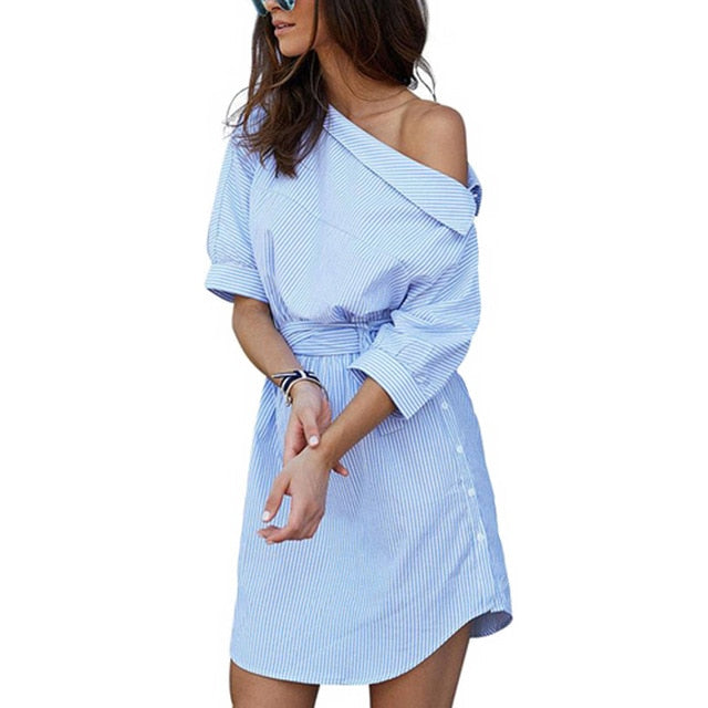 Summer Women Dress Blue Striped Shirt Short Dress Mini Sexy Side Split Half Sleeve Beach Dresses 2019 Plus Size Sundress 3XL