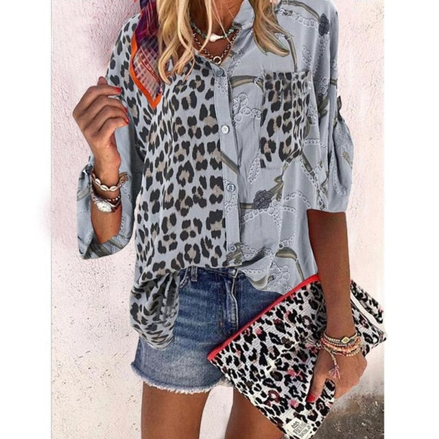 Women Blouse 2020 Sping  Tops  Turn-down Collar Long Sleeve Leopard Shirt Loose Plus Size Clothing For Women Ladies Blouses