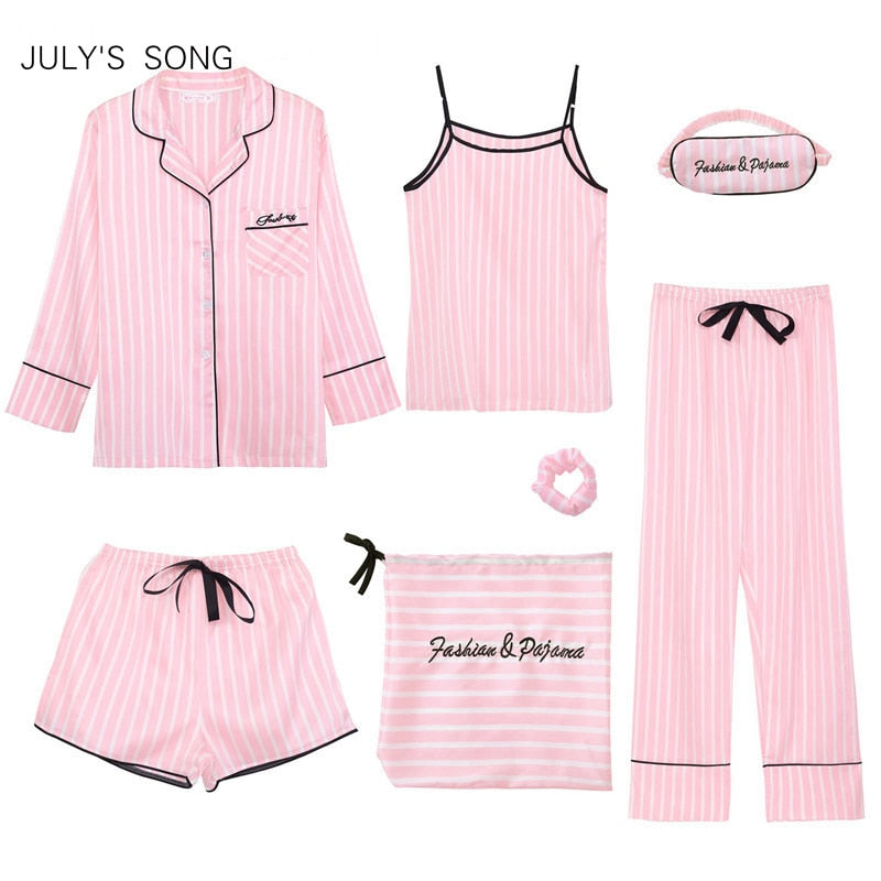 JULY'S SONG Pink Women's 7 Pieces Pajamas Sets Emulation Silk Striped Pyjama Women Sleepwear Sets Spring Summer Autumn Homewear