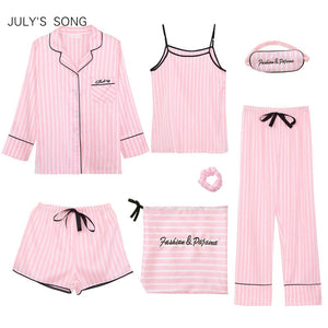 JULY'S SONG Pink Women's 7 Pieces Pajamas Sets Emulation Silk Striped Pyjama Women Sleepwear Sets Spring Summer Autumn Homewear