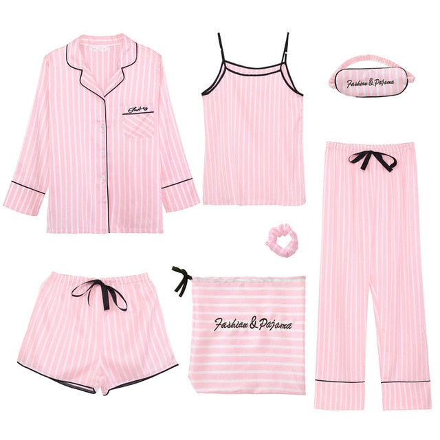 JULY'S SONG Pink Women's 7 Pieces Pajamas Sets Emulation Silk Striped Pyjama Women Sleepwear Sets Spring Summer Autumn Homewear