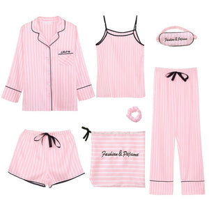 JULY'S SONG Pink Women's 7 Pieces Pajamas Sets Emulation Silk Striped Pyjama Women Sleepwear Sets Spring Summer Autumn Homewear