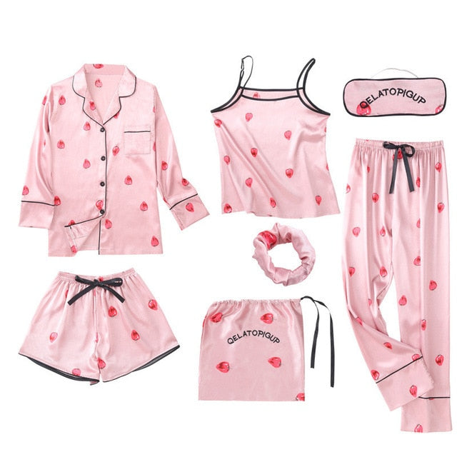 JULY'S SONG Pink Women's 7 Pieces Pajamas Sets Emulation Silk Striped Pyjama Women Sleepwear Sets Spring Summer Autumn Homewear