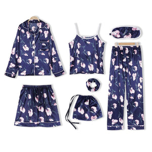 JULY'S SONG Pink Women's 7 Pieces Pajamas Sets Emulation Silk Striped Pyjama Women Sleepwear Sets Spring Summer Autumn Homewear