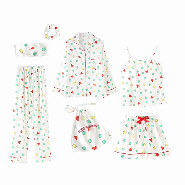 JULY'S SONG Pink Women's 7 Pieces Pajamas Sets Emulation Silk Striped Pyjama Women Sleepwear Sets Spring Summer Autumn Homewear