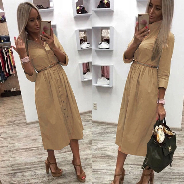 Women Casual Sashes a Line Party Dress Ladies Button Turn Down Collar OL Style Shirt Dress 2019 Summer Solid Knee Dress