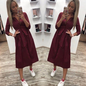 Women Casual Sashes a Line Party Dress Ladies Button Turn Down Collar OL Style Shirt Dress 2019 Summer Solid Knee Dress