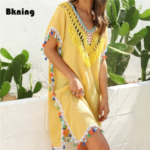 Woman Beach Cover Up Dress Fringe Tunic Yellow Beachwear 2020 Summer Women Tassel Bikini Cover-Ups Black Pareos de Vestido Playa