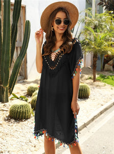 Woman Beach Cover Up Dress Fringe Tunic Yellow Beachwear 2020 Summer Women Tassel Bikini Cover-Ups Black Pareos de Vestido Playa