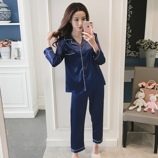 Women Silk Pajama Sets Satin Pyjama Sleepwear Long Sleeve Large Size Fashion Pajamas for girl Nightwear Suit Home New 2020 PJS