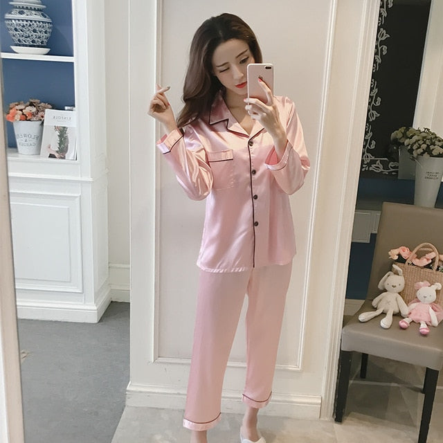 Women Silk Pajama Sets Satin Pyjama Sleepwear Long Sleeve Large Size Fashion Pajamas for girl Nightwear Suit Home New 2020 PJS