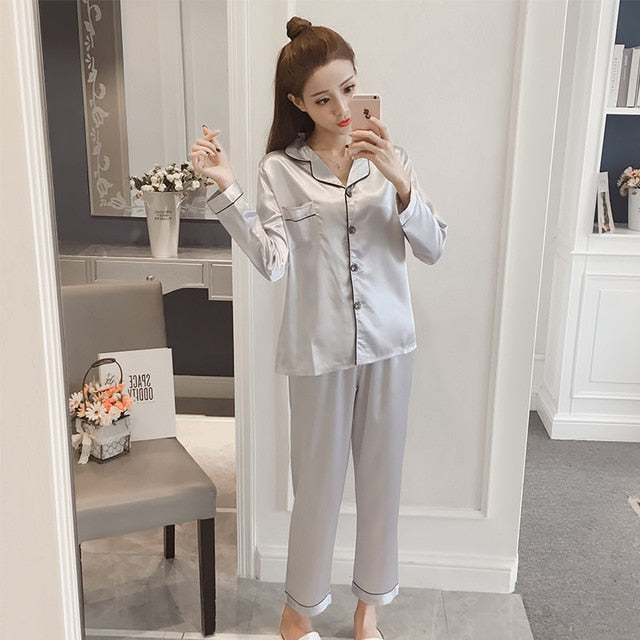 Women Silk Pajama Sets Satin Pyjama Sleepwear Long Sleeve Large Size Fashion Pajamas for girl Nightwear Suit Home New 2020 PJS