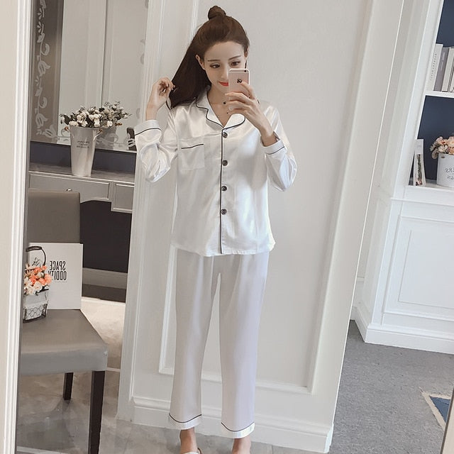 Women Silk Pajama Sets Satin Pyjama Sleepwear Long Sleeve Large Size Fashion Pajamas for girl Nightwear Suit Home New 2020 PJS