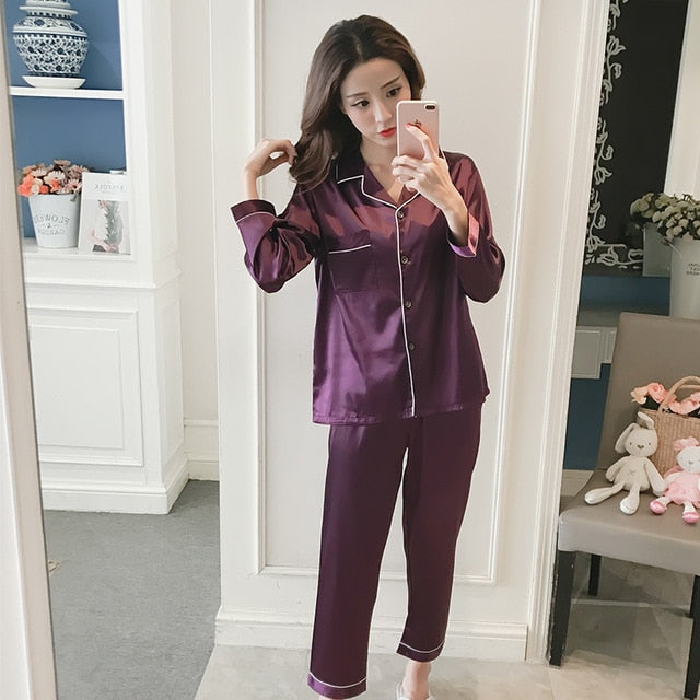 Women Silk Pajama Sets Satin Pyjama Sleepwear Long Sleeve Large Size Fashion Pajamas for girl Nightwear Suit Home New 2020 PJS