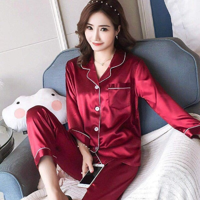 Women Silk Pajama Sets Satin Pyjama Sleepwear Long Sleeve Large Size Fashion Pajamas for girl Nightwear Suit Home New 2020 PJS