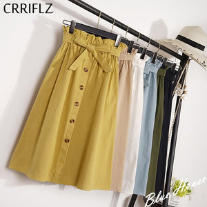 CRRIFLZ Summer Autumn Skirts Womens Midi Knee Length Korean Elegant Button High Waist Skirt Female Pleated School Skirt