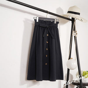 CRRIFLZ Summer Autumn Skirts Womens Midi Knee Length Korean Elegant Button High Waist Skirt Female Pleated School Skirt