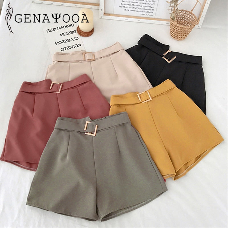 Genayooa Office Elastic Waist Shorts Women Mini High Waist Shorts with Belt Wide Leg Summer 2020 Harajuku Korean Short Feminino