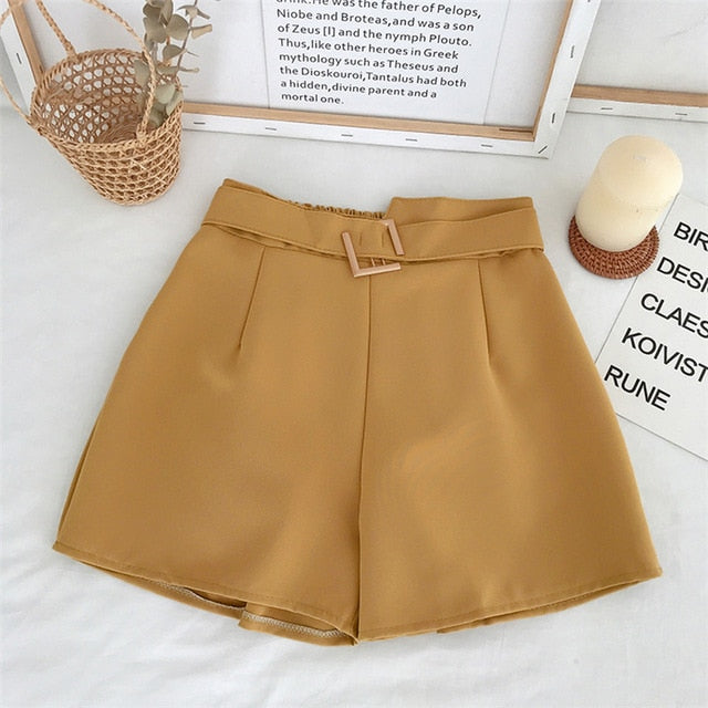 Genayooa Office Elastic Waist Shorts Women Mini High Waist Shorts with Belt Wide Leg Summer 2020 Harajuku Korean Short Feminino