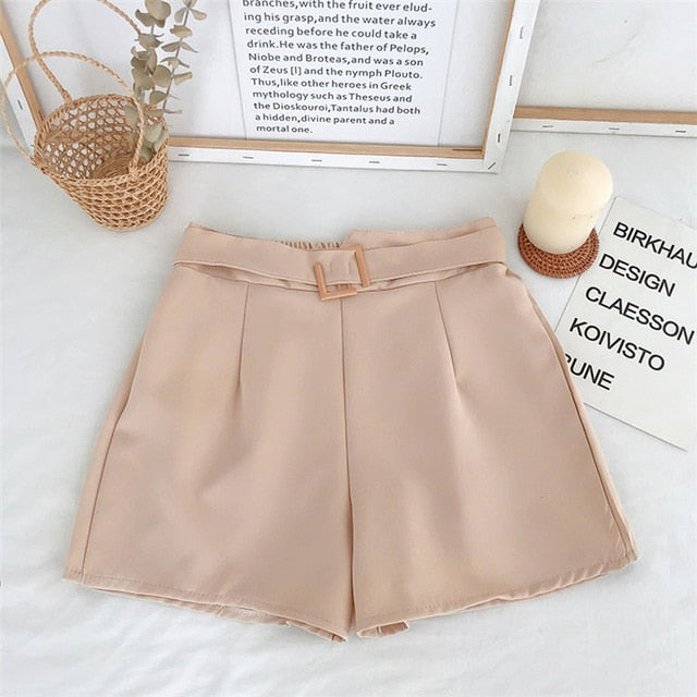 Genayooa Office Elastic Waist Shorts Women Mini High Waist Shorts with Belt Wide Leg Summer 2020 Harajuku Korean Short Feminino