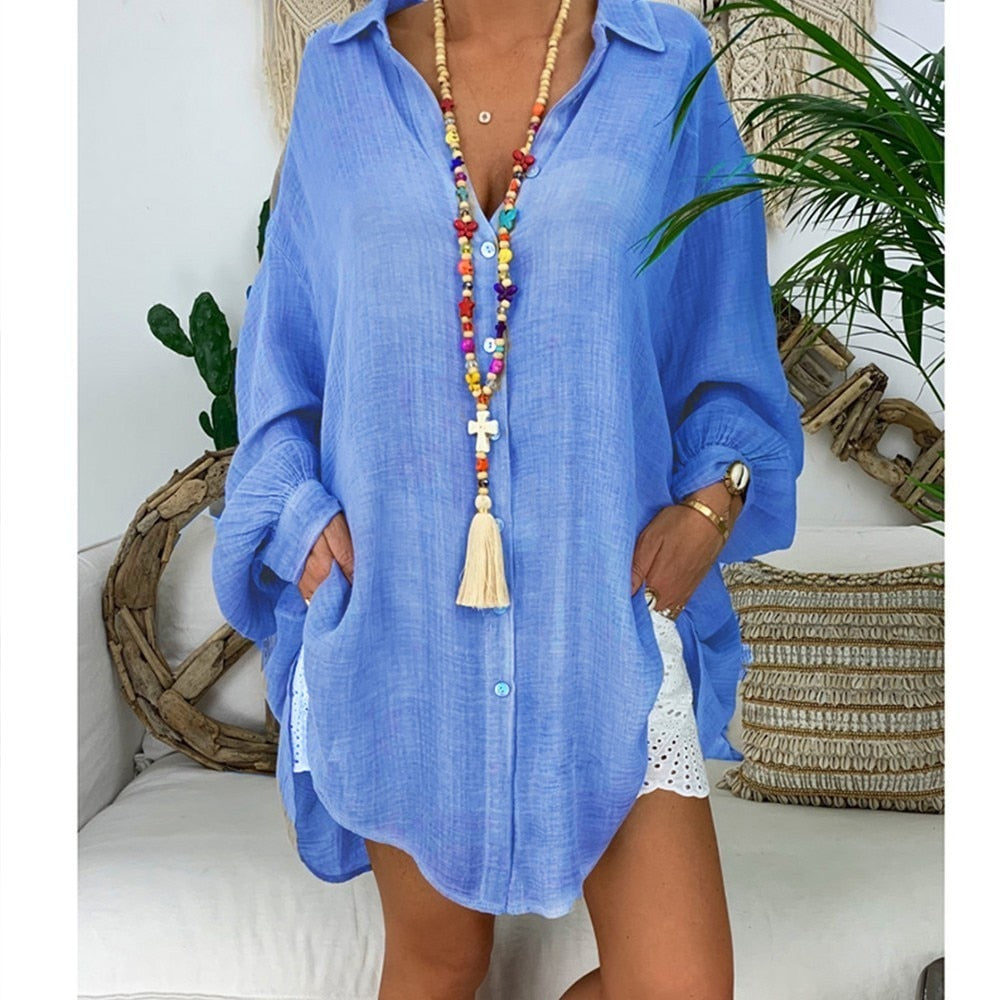 Cotton Linen Womens Tops And Blouses Plus Size Long Sleeve Turn Down Collar Female Tunic Beach Style Thin Women Autumn Blouse