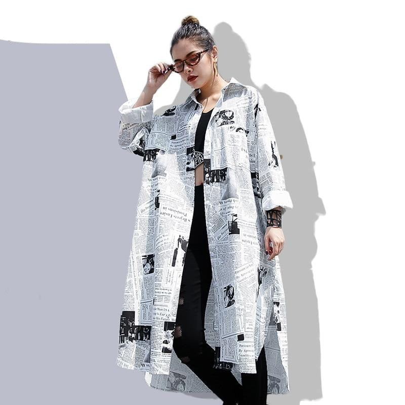 [EAM] 2020new Spring Autumn  Lapel Long Sleeve White Printed Loose Irregular Big Size Long Shirt Women Blouse Fashion Tide JF008