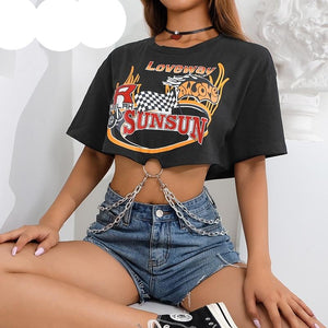 HEYounGIRL Korean Punk Short Sleeve Tshirt Women Black Harajuku Cotton T Shirt Ladies Printed Top with Chains Streetwear Summer