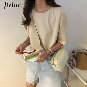 Jielur Tee Shirt 15 Solid Color Basic T Shirt Women Casual O-neck Harajuku Summer Top Korean Hipster White Tshirt S-XL