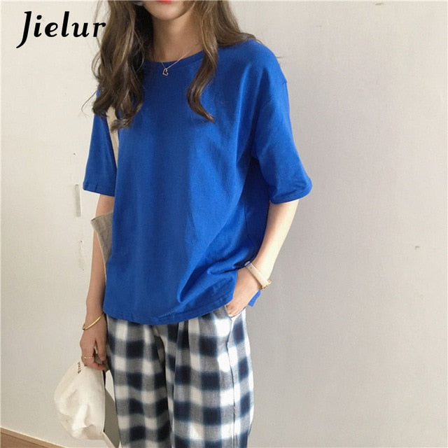 Jielur Tee Shirt 15 Solid Color Basic T Shirt Women Casual O-neck Harajuku Summer Top Korean Hipster White Tshirt S-XL