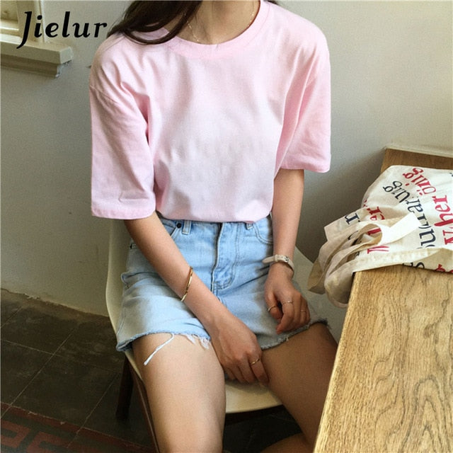 Jielur Tee Shirt 15 Solid Color Basic T Shirt Women Casual O-neck Harajuku Summer Top Korean Hipster White Tshirt S-XL