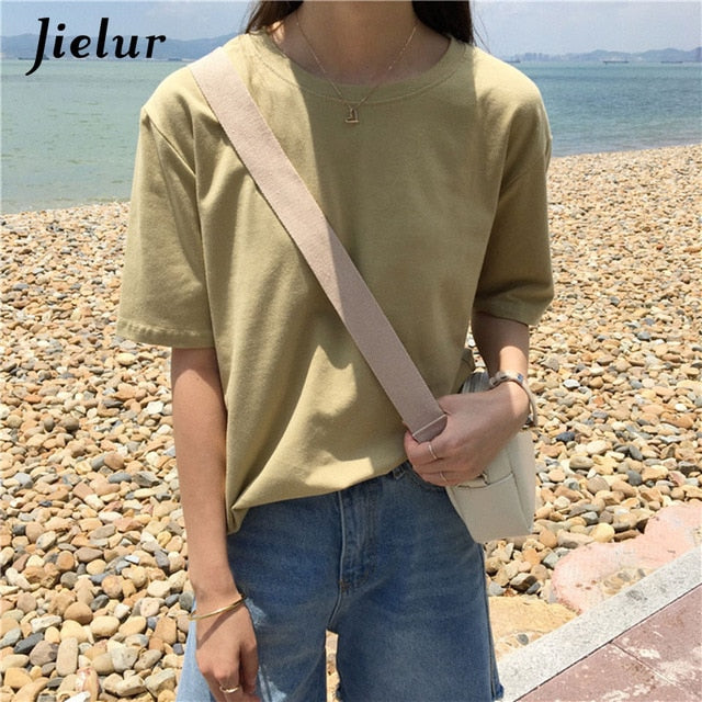 Jielur Tee Shirt 15 Solid Color Basic T Shirt Women Casual O-neck Harajuku Summer Top Korean Hipster White Tshirt S-XL