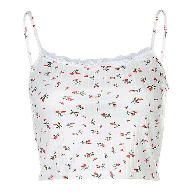 HEYounGIRL Floral Printed Kintted Spaghetti Strap Top Women White Cute Casual Sleeveless Camis Tops Tees Patchwork Lace Crop Top