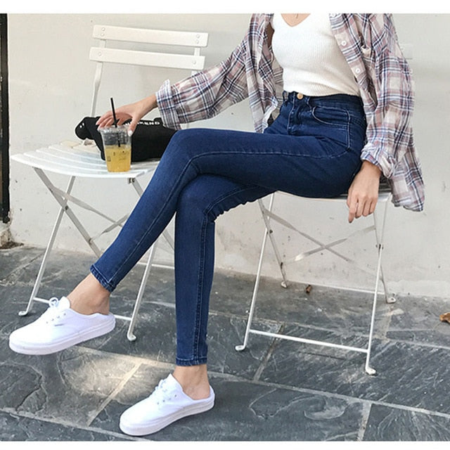 2019 Plus Size Button fly Women Jeans High Waist Blue Pants Jeans for Women High Elastic Skinny Stretchy Women Pants Lift Hips