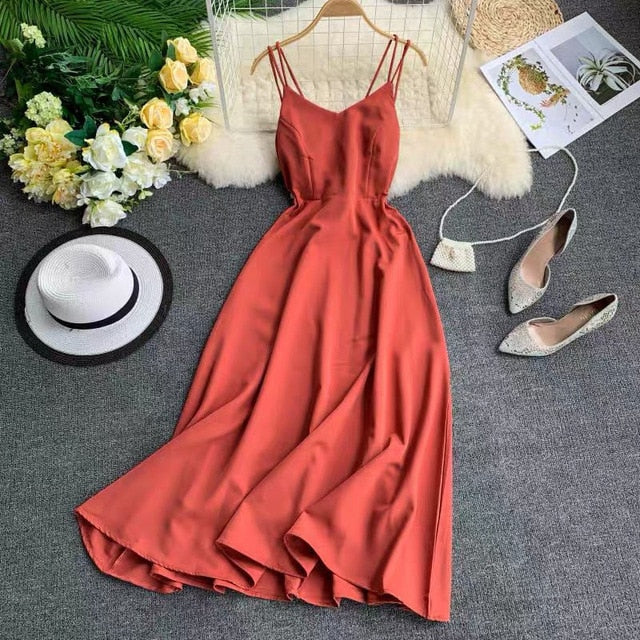 Marwin New-Coming Spring Summer Holiday Dress Cross Spaghetti Strap Open Back Solid Beach Style Ankle-Length Women Dresses