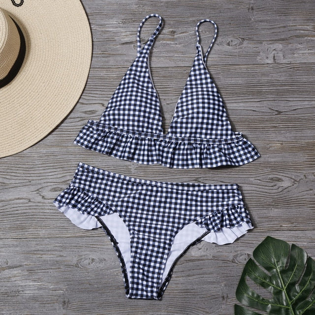 Plaid Print Bikini Set Solid Swimsuit Sexy Ruffle Swimwear Women Bathing Suit Female Summer Backless Beachwear Biquinis Mujer