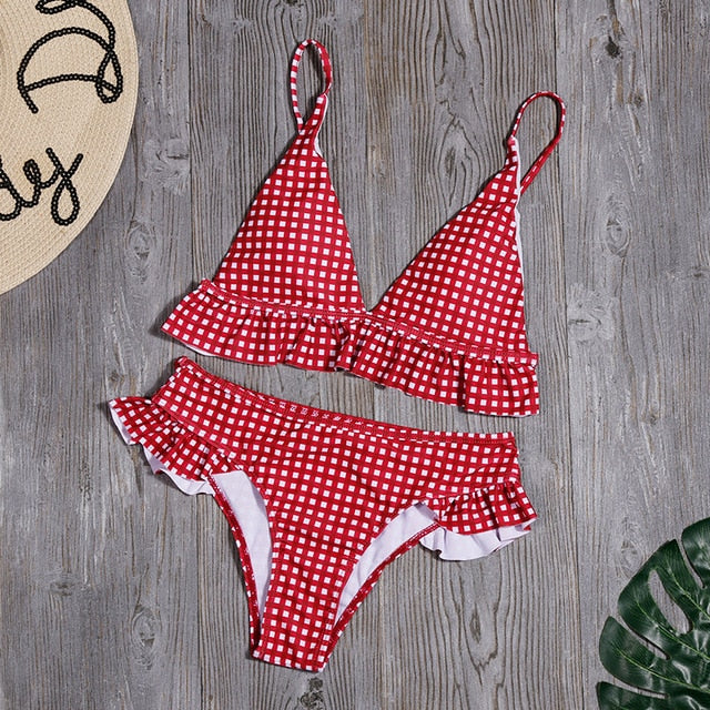 Plaid Print Bikini Set Solid Swimsuit Sexy Ruffle Swimwear Women Bathing Suit Female Summer Backless Beachwear Biquinis Mujer