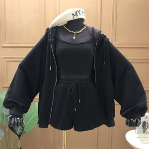 DEAT 2020 New Summer Fashion Casual Zipper Solid Long Sleeve Lace Up Hooded Sweater Coat Slim Three Piece Suit Women SB782