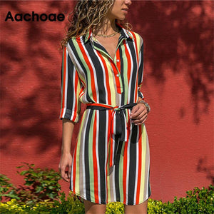 Aachoae Long Sleeve Shirt Dress 2020 Summer Boho Beach Dresses Women Casual Striped Print A-line Mini Party Dress Vestidos