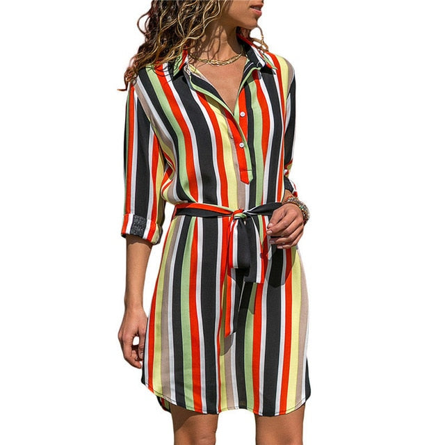 Aachoae Long Sleeve Shirt Dress 2020 Summer Boho Beach Dresses Women Casual Striped Print A-line Mini Party Dress Vestidos