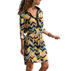 Aachoae Long Sleeve Shirt Dress 2020 Summer Boho Beach Dresses Women Casual Striped Print A-line Mini Party Dress Vestidos