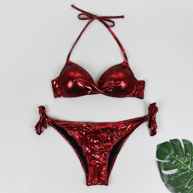 Sexy Bikinis 2020 Halter Swimsuit Solid Swimwear Women Plus Size Shiny Bordered Bikini Set Bathing Suit Push Up Two-piece Suit