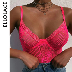 Ellolace Neon Pink Lace Mesh Bodysuit Women Sexy Transparent Summer Backless Bodycon Overalls Female New Slim Black Bodys