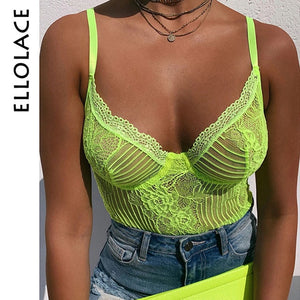 Ellolace Neon Pink Lace Mesh Bodysuit Women Sexy Transparent Summer Backless Bodycon Overalls Female New Slim Black Bodys