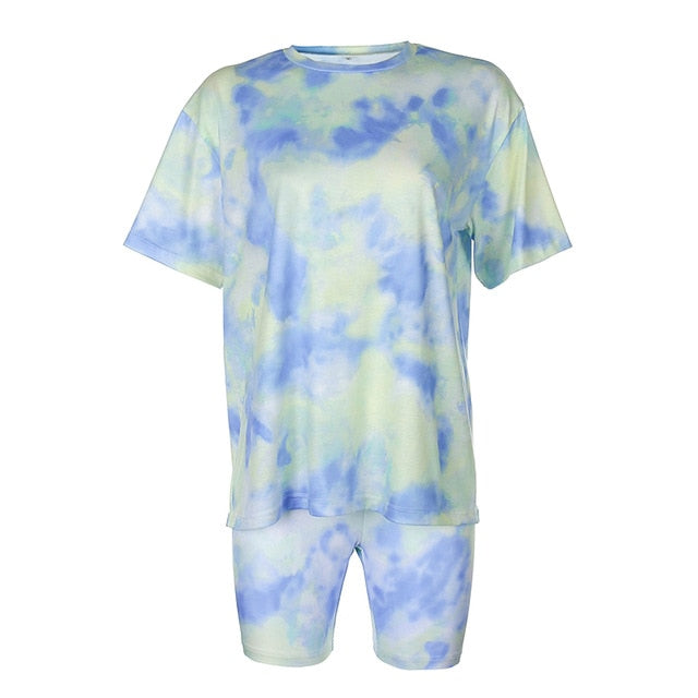 IAMHOTTY   Tie Dye Print Basic Tshirt Shorts Two Piece Set Women Casual Outfits lounge Wear Jogging Femme Biker Shorts Tees Summ