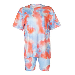 IAMHOTTY   Tie Dye Print Basic Tshirt Shorts Two Piece Set Women Casual Outfits lounge Wear Jogging Femme Biker Shorts Tees Summ