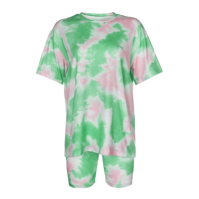 IAMHOTTY   Tie Dye Print Basic Tshirt Shorts Two Piece Set Women Casual Outfits lounge Wear Jogging Femme Biker Shorts Tees Summ