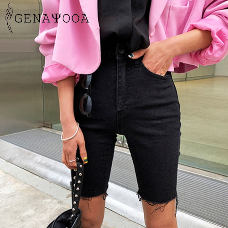 Genayooa Knee Length Denim Shorts Women Push Up Elastic High Waist Biker Shorts Jean Shorts Women Summer 2020 Black Streetwear