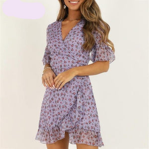 DICLOUD Women Lilac Floral Wrap Dress Summer Elegant Flare Sleeve Boho Print Mini Sundress Sexy V Neck Ladies Clothes 2020